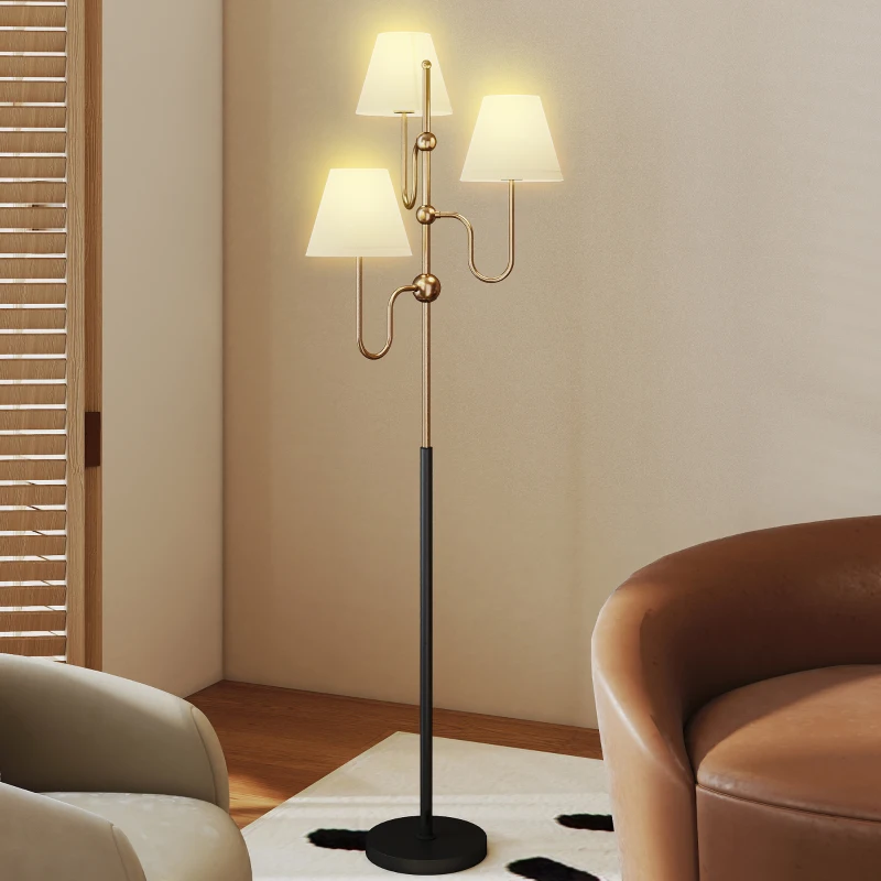 HOMCOM Lampada da Terra Alta 165 cm con 3 Punti Luce e Interruttore a Pedale, Attacco E27 Max 40W, Oro