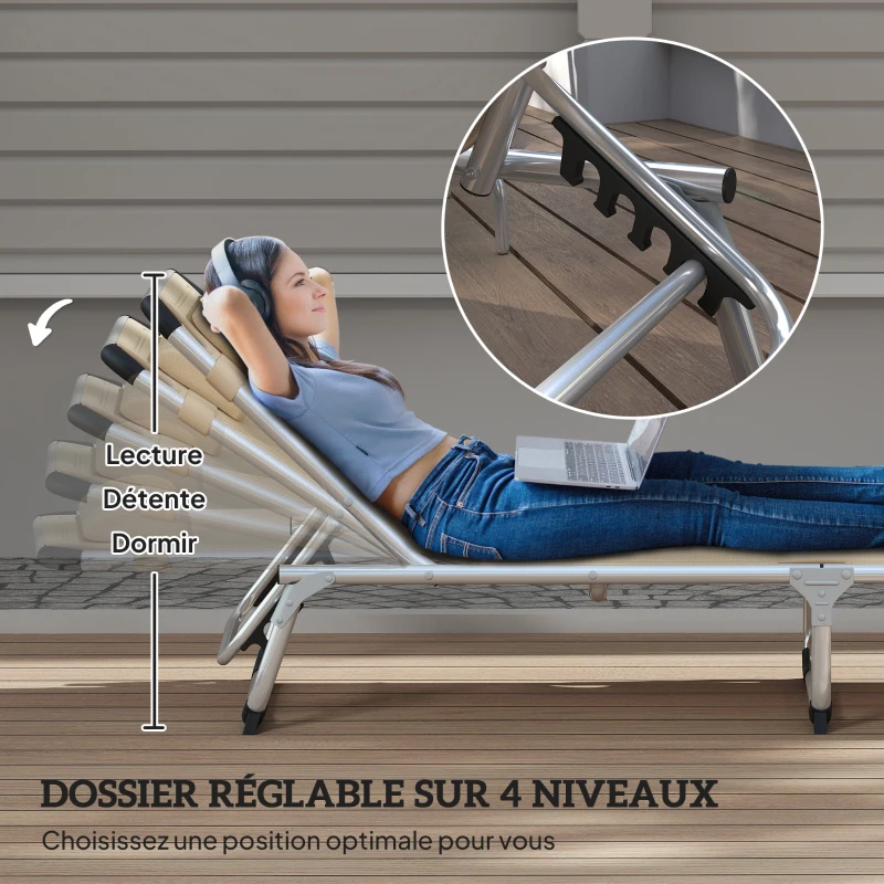 Outsunny Bain de soleil, chaise longue pliante avec appuie-tête, dossier inclinable, aluminium et textilène, beige