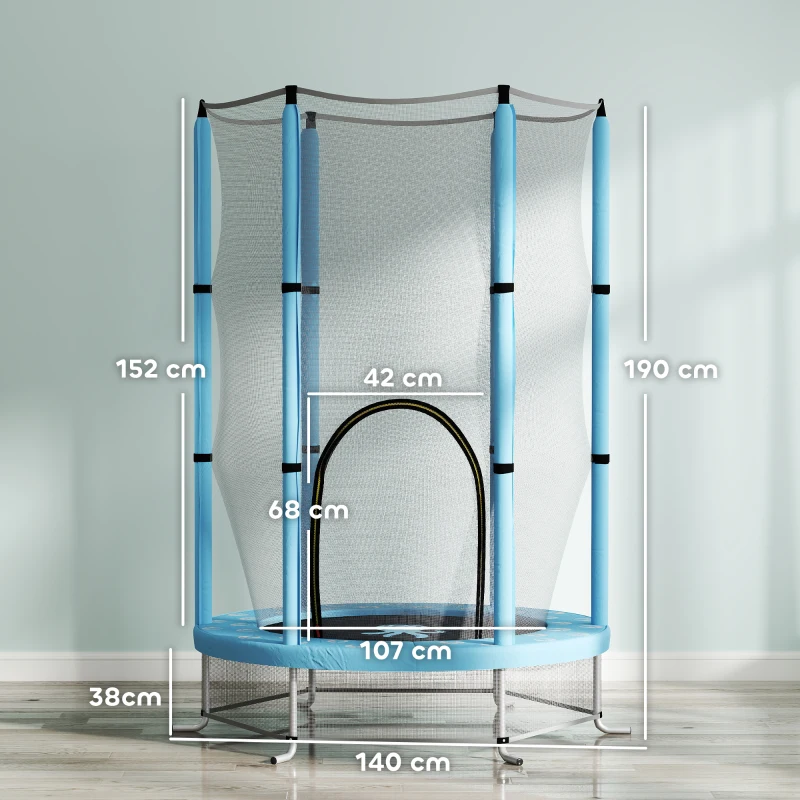 AIYAPLAY Trampoline pour enfants Ø140 cm trampoline extérieur pour enfants 3-6 ans avec filet de sécurité porte zippée bleu clair