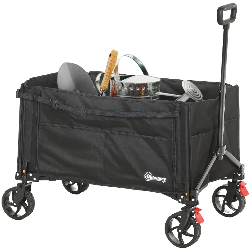 Outsunny Faltbarer Gartenwagen 150 L, Strandtransportwagen mit verstellbarem Griff und seitlichen Taschen 85 x 50 x 90 cm Schwarz