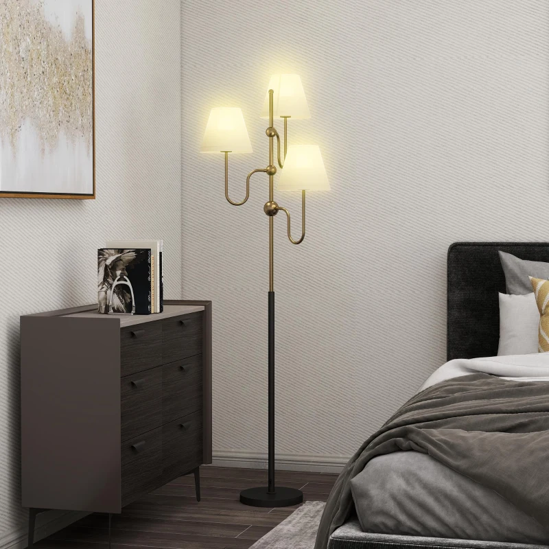 HOMCOM Lampada da Terra Alta 165 cm con 3 Punti Luce e Interruttore a Pedale, Attacco E27 Max 40W, Oro