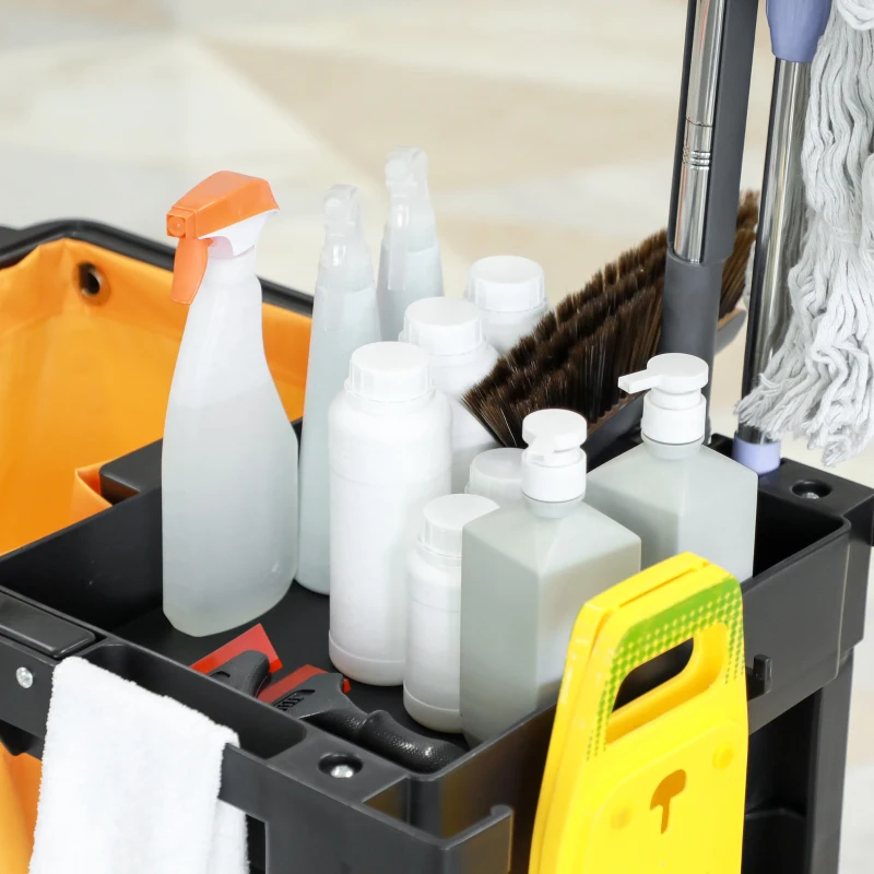 HOMCOM Reinigungswagen mit 3 Regalen, Haken und 100L Beutel, 121x50.5x96.5 cm, Schwarz Gelb und Grau