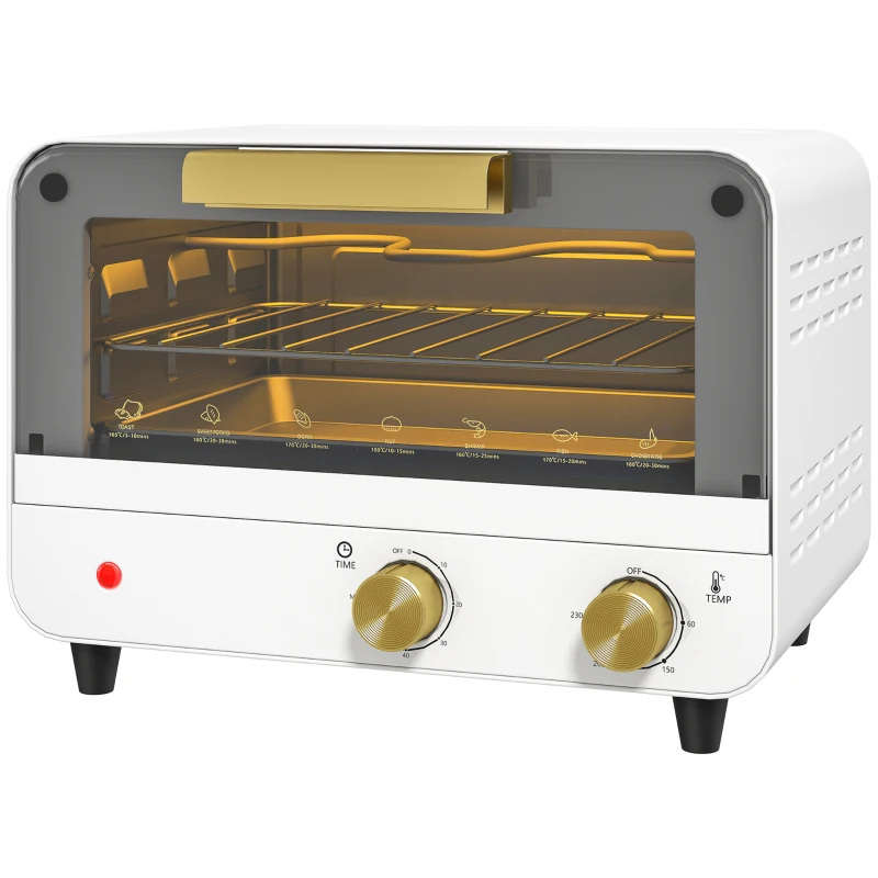 HOMCOM Small Toaster Oven, 12L Multifunction Mini Countertop Oven with Glass Door, Adjustable Temperature and Timer, White