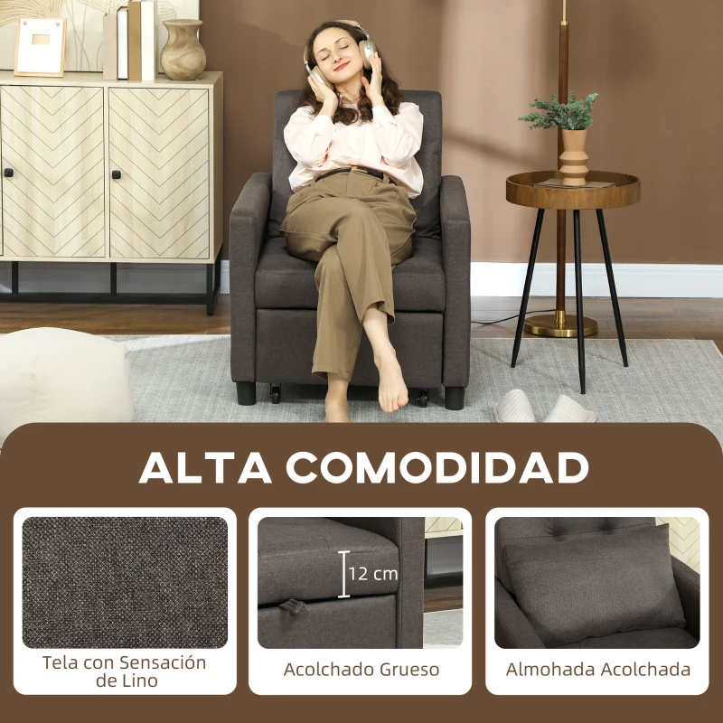 HOMCOM Sofá Cama de 1 Plaza Tapizado en Lino con Respaldo Ajustable de 3 Niveles y Almohada Acolchada 69x82,5x84 cm Marrón