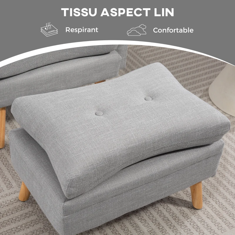 HOMCOM Fauteuil de relaxation avec repose-pied fauteuil TV avec coussins capitonné en tissu lin 68,5 x 73,5 x 90 cm gris clair
