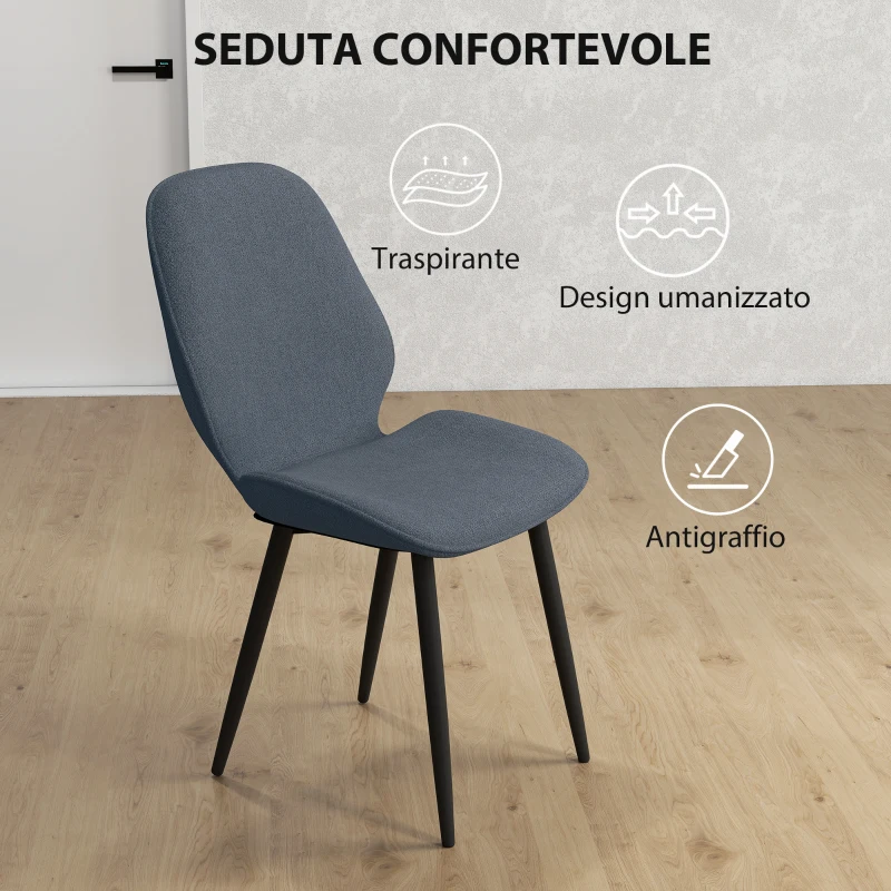 HOMCOM Set 2 Sedie da Pranzo con Schienale Ricurvo, in Tessuto Effetto Lino, Schiuma e Acciaio, 46x56x86 cm, Grigio e Nero