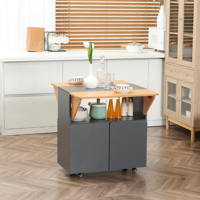 HOMCOM Klappbarer Platzspartisch für maximal 4 Personen mit 4 Rollen, Versteckter Regaleinheit und Schrank mit Türen, 70x83x75 cm