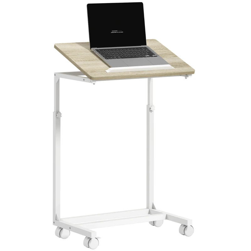 HOMCOM Mesa Auxiliar com Rodas Altura Ajustável Superfície Inclinável e Estrutura de Metal 55x36x62,5-82,5 cm Madeira