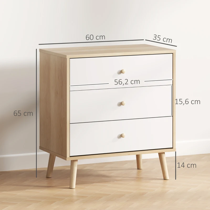 HOMCOM Kommode 3 Schubladen Aufbewahrungsmöbel modernes Design für Schlafzimmer, Wohnzimmer - 60 x 35 x 65 cm, Eiche