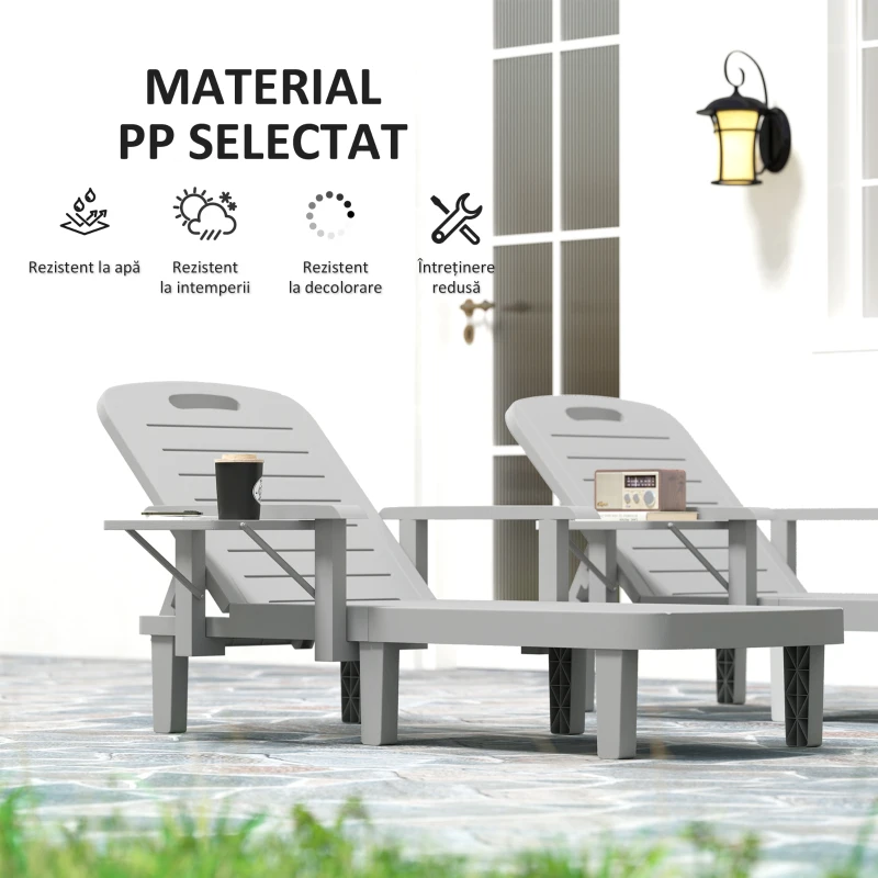 Outsunny Set 2 Șezlonguri cu Spătar Reglabil în 5 Poziții, Măsuță și Brațe Ergonomice, 79x158x88 cm, Gri