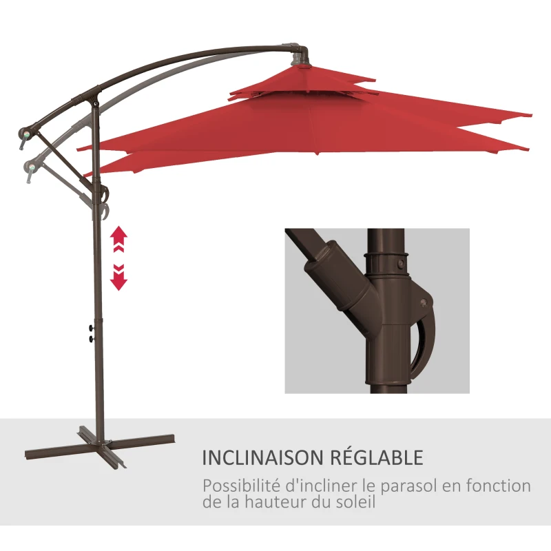 Outsunny Parasol déporté octogonal double toit inclinable manivelle avec pied en croix acier polyester Ø 2,67 x 2,65H m rouge