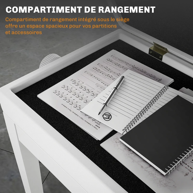 HOMCOM Banc de piano, banc de clavier réglable en hauteur en bois massif, compartiment de rangement, 55 x 33 x 48-58 cm blanc