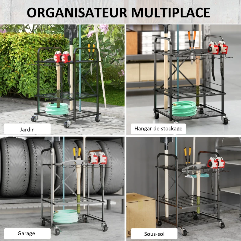 Outsunny Gartenwerkzeug-Organizer, Gartenwerkzeugträger 40 Fächer in 2 Ebenen mit Rädern 57 x 48 x 70 cm Schwarz