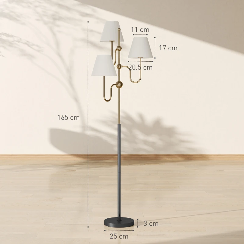 HOMCOM Floor Lamp, 165 cm Tall Standing Lamp with 3 Light and Foot Switch for Living Room, Bedroom, Bedside, Office, E27 Base Without Bulb (40W Max)