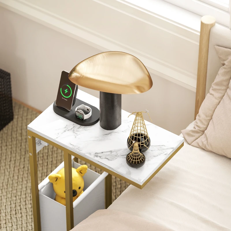 HOMCOM Table d'appoint forme C avec station de charge sac de rangement en tissu plateau aspect marbre, 46 x 25 x 62,5 cm, blanc