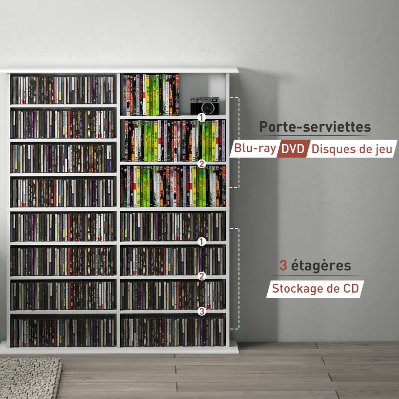 HOMCOM CD und DVD Aufbewahrung mit 16 Fächern und 12 verstellbaren Regalen, max. Kapazität 720 CD/396 DVD und Blu-ray, weiß