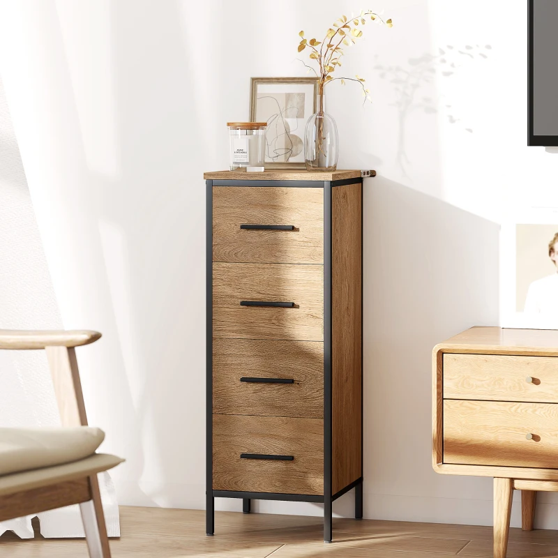 HOMCOM Meuble de salle de bain étroit avec 4 tiroirs et structure en acier, 30 x 30 x 82 cm, chêne