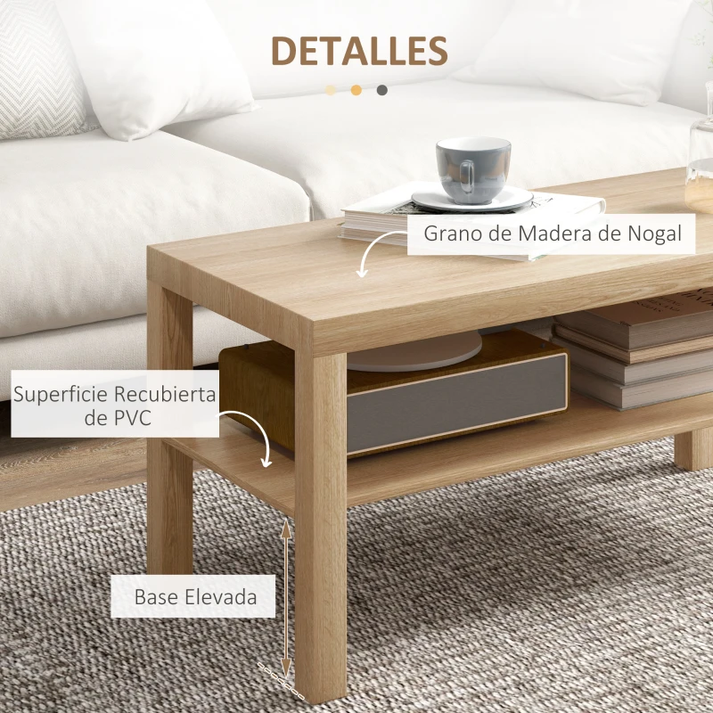 HOMCOM Mesa de Centro Moderna Mesa Baja con 2 Estantes de Almacenamiento Mesita para Salón Carga 20 kg 90x45x44,5 cm Natural