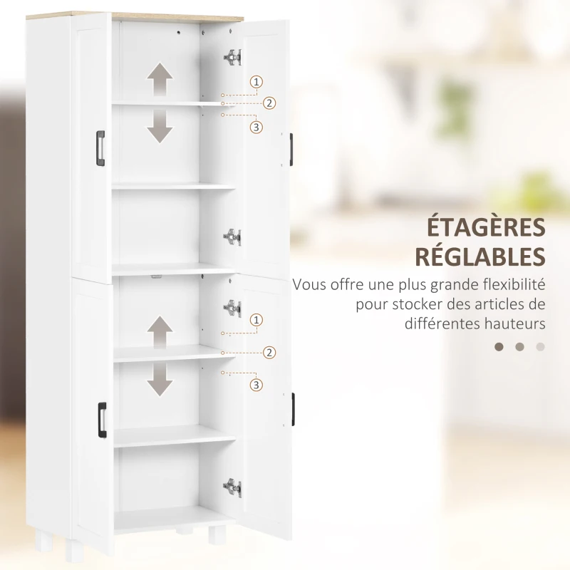 HOMCOM Armoire de cuisine hauteur 170 cm buffet haut avec 4 portes et étagères ajustable, design moderne, blanc