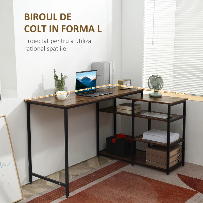 HOMCOM Birou Colțar cu Etajeră cu 3 Rafturi în Stil Industrial Maro