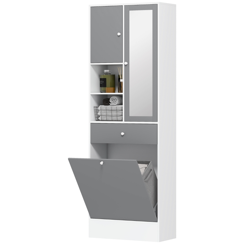 HOMCOM Badezimmerschrank mit Wäschekorb und Spiegeltür verstellbarem Regal 62 x 28,3 x 181 cm grau und weiß