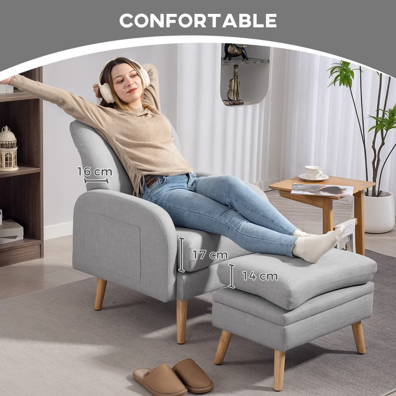 HOMCOM Fauteuil de relaxation avec repose-pied fauteuil TV avec coussins capitonné en tissu lin 68,5 x 73,5 x 90 cm gris clair