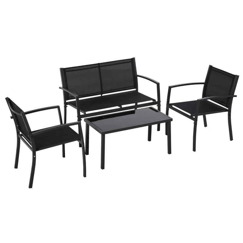 Outsunny Garten-Loungeset, 4-teilig mit 1 Tisch, 2 Gartenstühlen und 1 Bank aus Metall, Schwarz