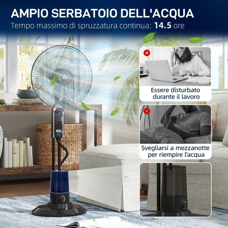 HOMCOM Verstellbarer Nebulizer-Ventilator mit 3 Geschwindigkeiten und 3 Modi, 75° Oszillation, Fernbedienung, Schwarz