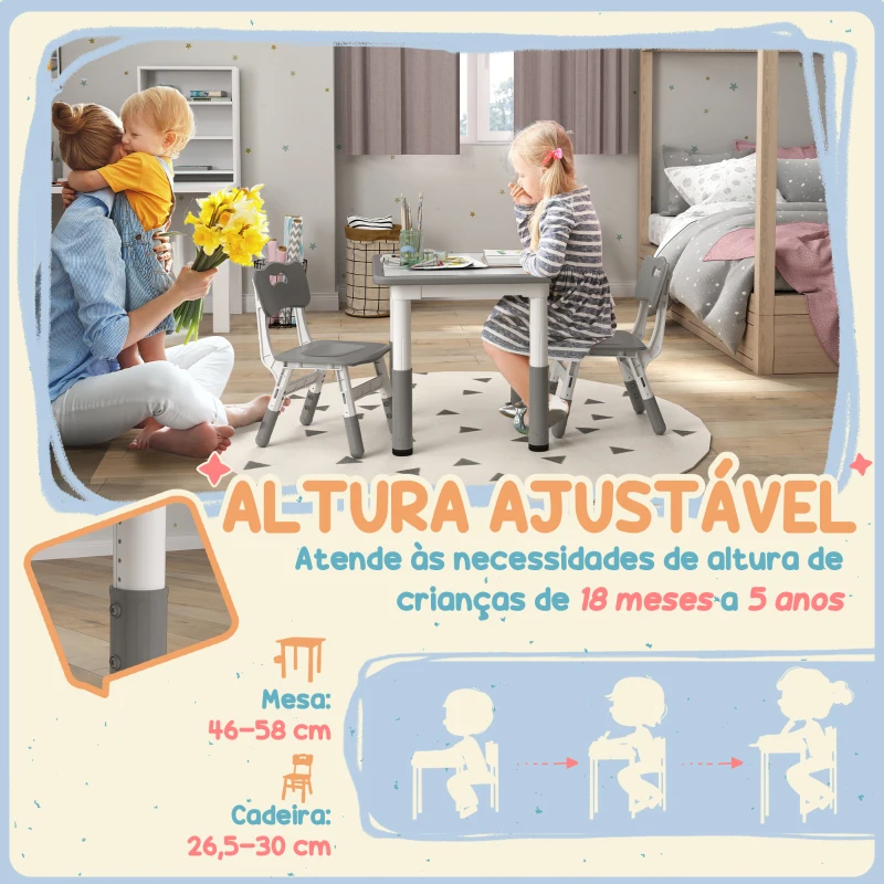 AIYAPLAY Mesa e Cadeiras para Crianças de 3 Peças com Altura Ajustável para Sala de Jogos Quarto Escola Infantil Branco e Cinza