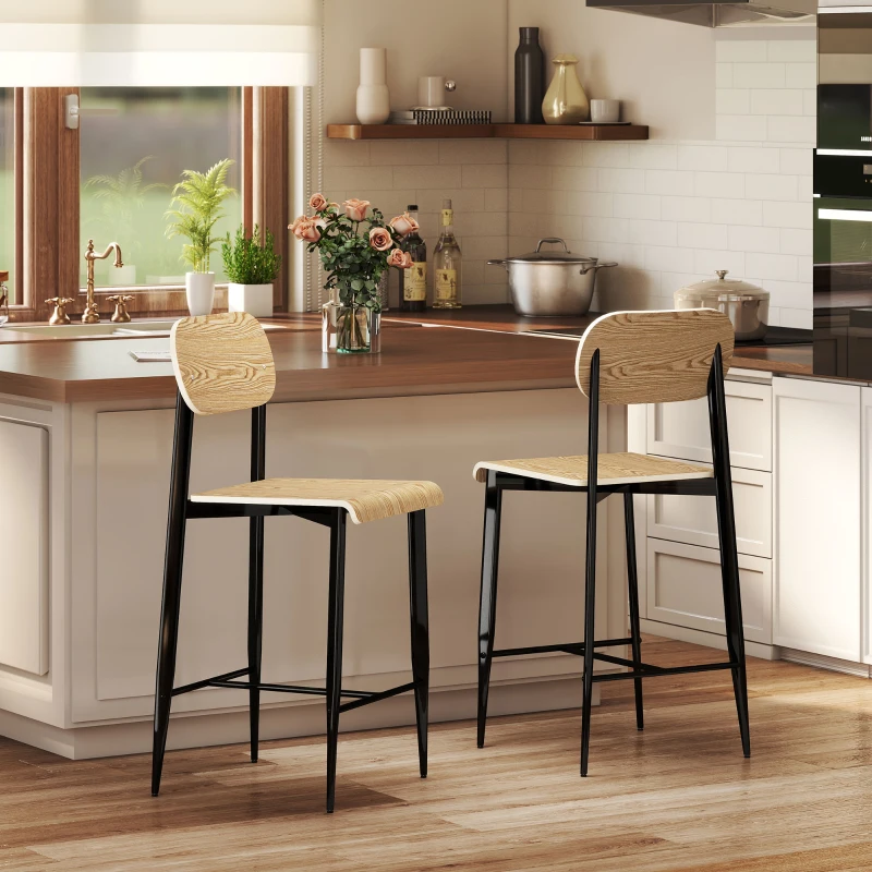 HOMCOM Set van 2 Barkrukken, Barstoelen met Rugleuning en Metalen Frame, Hout, Lichtbruin