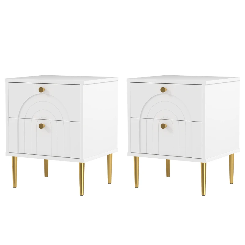 HOMCOM Pack de 2 Mesillas de Noche Dormitorio con 2 Cajones y Patas de Acero Estilo Moderno 40x35x50 cm Blanco
