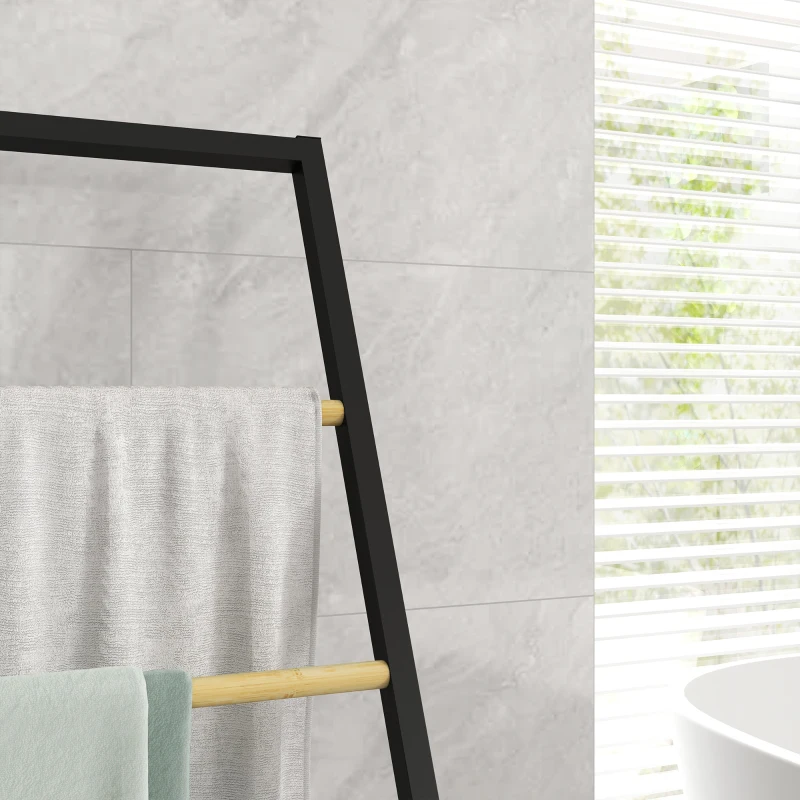 HOMCOM Toalheiro de Pé para Casa de Banho com 4 Barras em Bambu e Aço 40,5x28x98 cm Preto e Madeira
