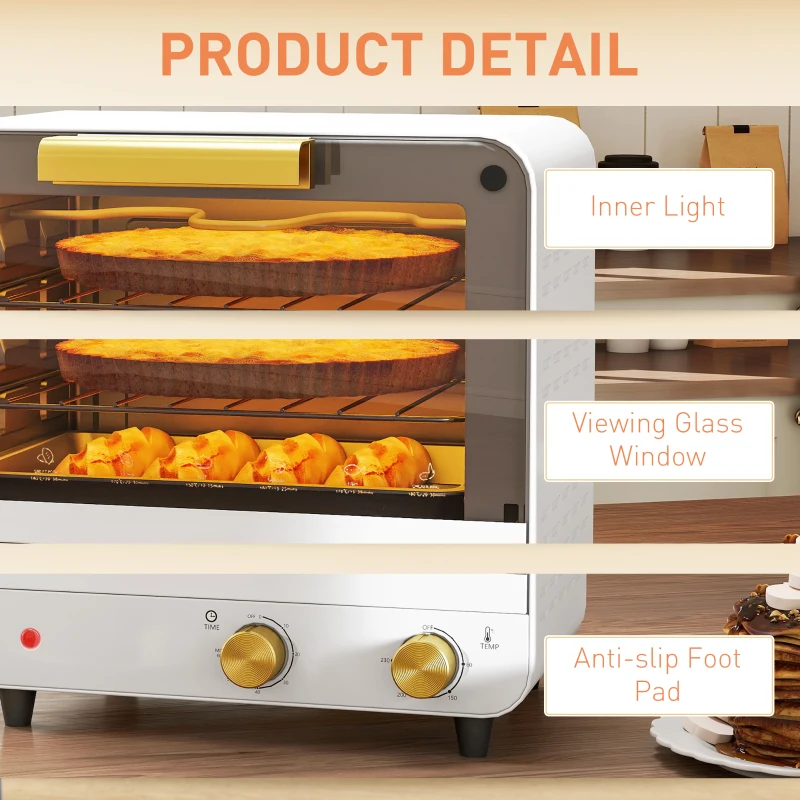 HOMCOM Small Toaster Oven, 12L Multifunction Mini Countertop Oven with Glass Door, Adjustable Temperature and Timer, White