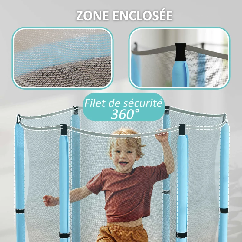 AIYAPLAY Trampoline pour enfants Ø140 cm trampoline extérieur pour enfants 3-6 ans avec filet de sécurité porte zippée bleu clair