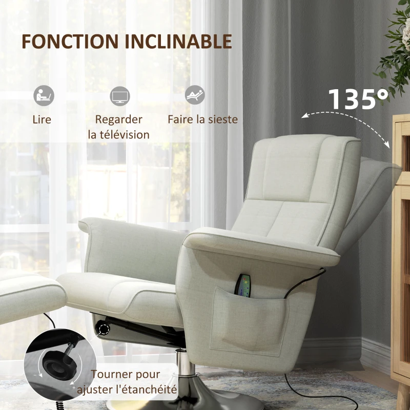 HOMCOM Fauteuil relax massant avec pouf, fauteuil TV avec dossier inclinable siège pivotant à 360° 78 x 95 x 88 cm crème
