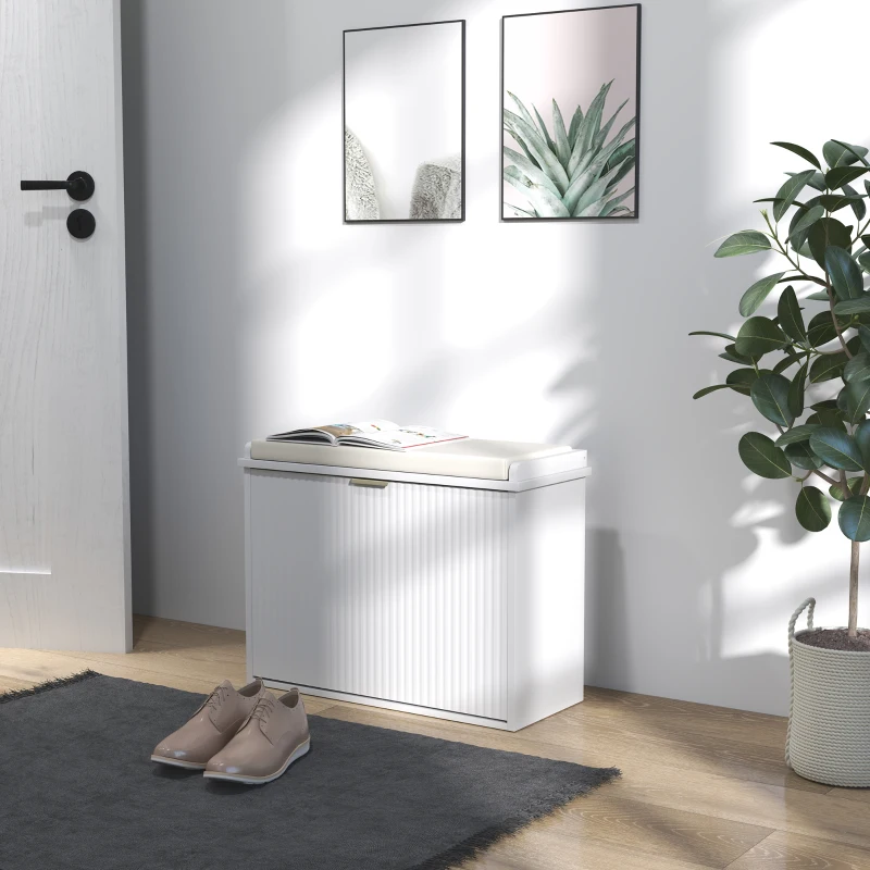 HOMCOM Schuhschrank mit gepolsterter Sitzkissen und klappbarem Schuhfach für Flur, Schlafzimmer, 62 x 26 x 47,5 cm, weiß