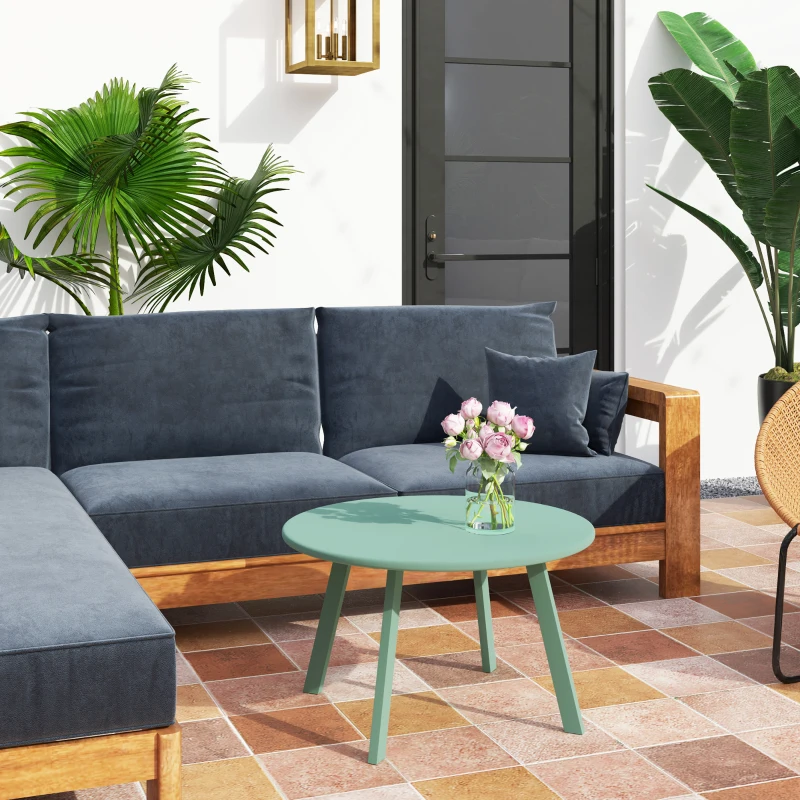 Outsunny Kleiner runder Gartencouchtisch, Beistelltisch mit rutschfesten Füßen, Metallrahmen, für Garten, Ø 70 x 42 cm, grün