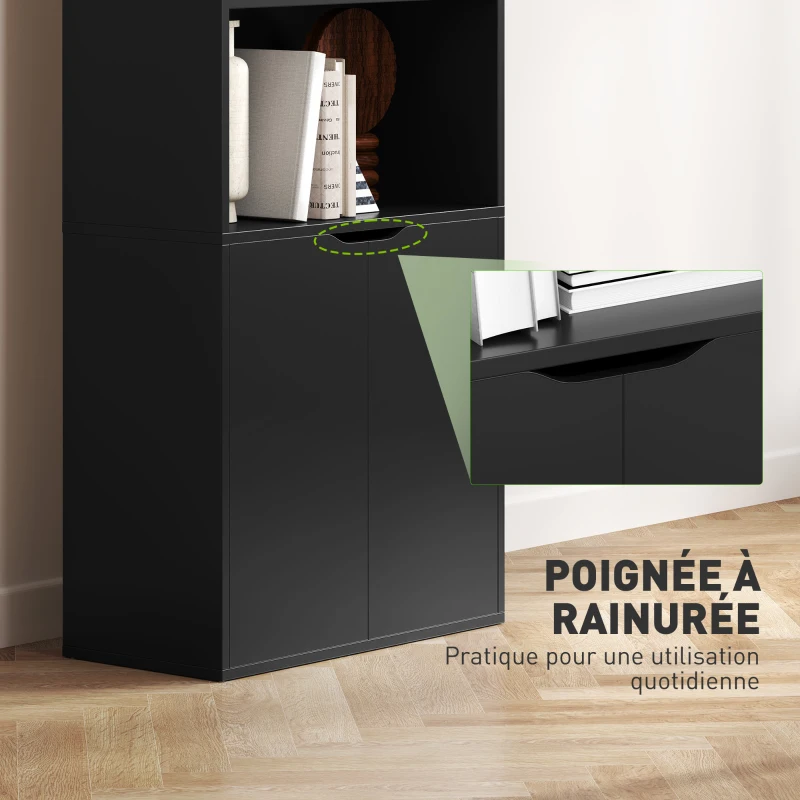 HOMCOM Bibliothèque Armoire à livres avec 4 compartiments ouverts et 2 portes pour le salon et le bureau 59x29x180 cm Noir