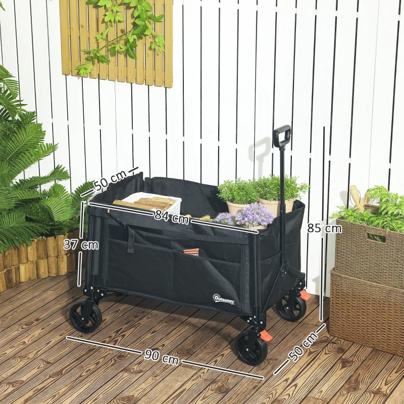 Outsunny Faltbarer Gartenwagen 150 L, Strandtransportwagen mit verstellbarem Griff und seitlichen Taschen 85 x 50 x 90 cm Schwarz