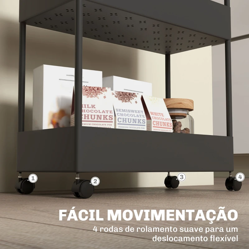 HOMCOM Carrinho Auxiliar com Rodas Carrinho de Armazenamento com 4 Cestas e 4 Ganchos Amovíveis 40x19x90 cm Preto