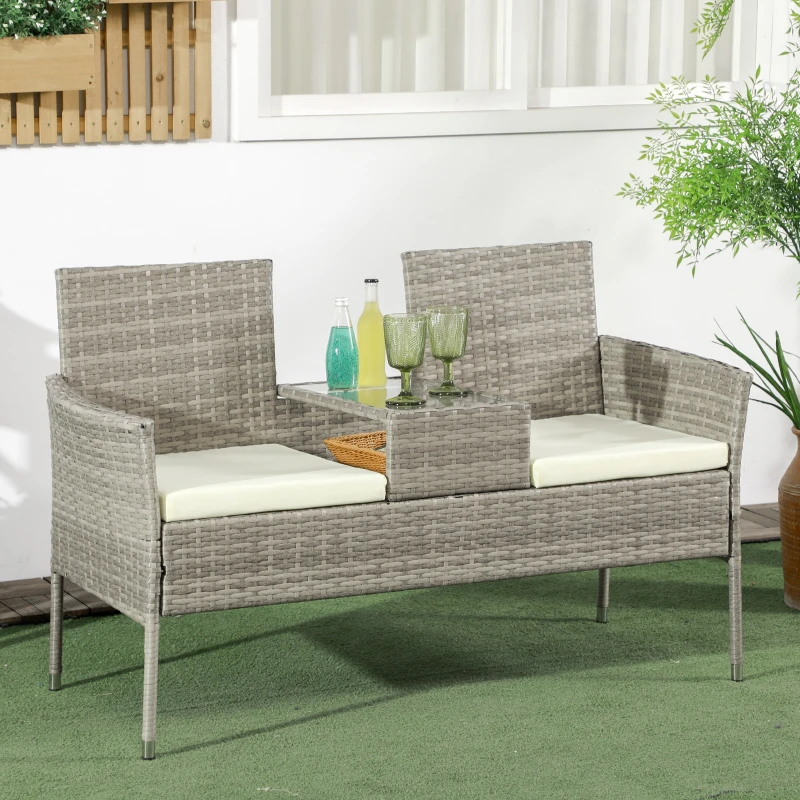 Outsunny Gartensofa für 2 Personen mit Kaffeetisch, aus Stahl und PE-Rattan, 137x59x82 cm, Grau und Creme