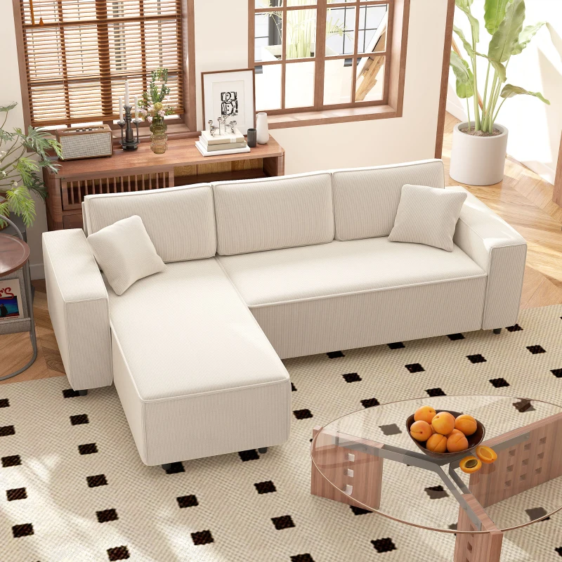 HOMCOM Canapé d'angle réversible 3 places moderne avec coussins inclus, tissu velours côtelé, crème(m-2)