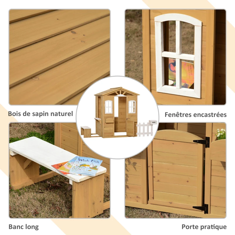 Outsunny Cabane de jeu pour enfant maison de jardin en bois porte et fenêtres, banc, boite aux lettres, clôture, de 3 à 6 ans