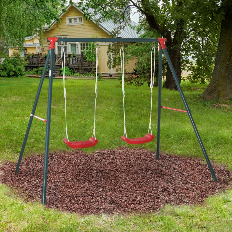 Outsunny Doppelschaukel für Kinder +3 Jahre mit Metallständer Kinderschaukelspiel Verstellbares Seil im Freien Maximale Belastung 40kg 239x156x180 cm Grün Rot