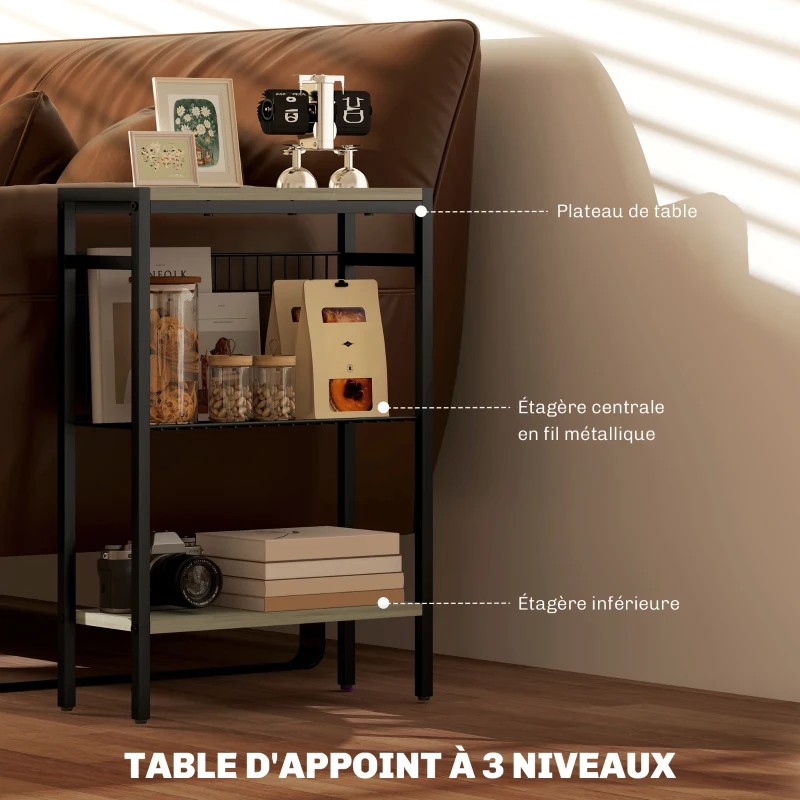 HOMCOM Table d'appoint étroit à 3 niveaux avec étagères de rangement, cadre en acier, pour salon, chambre, 43x18x62,5cm, gris