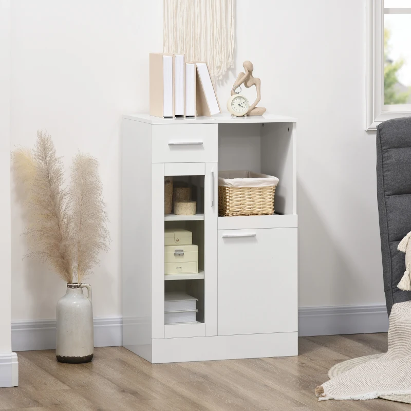 HOMCOM Modernes Sideboard mit Schränken und Schublade aus Holz und Glas, 60x40x95cm, Weiß