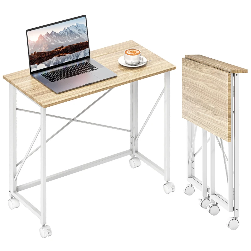 HOMCOM Bureau pliant table d'ordinateur 80 x 40 cm sur roulettes pour bureau à domicile, chambre, petits espaces, chêne