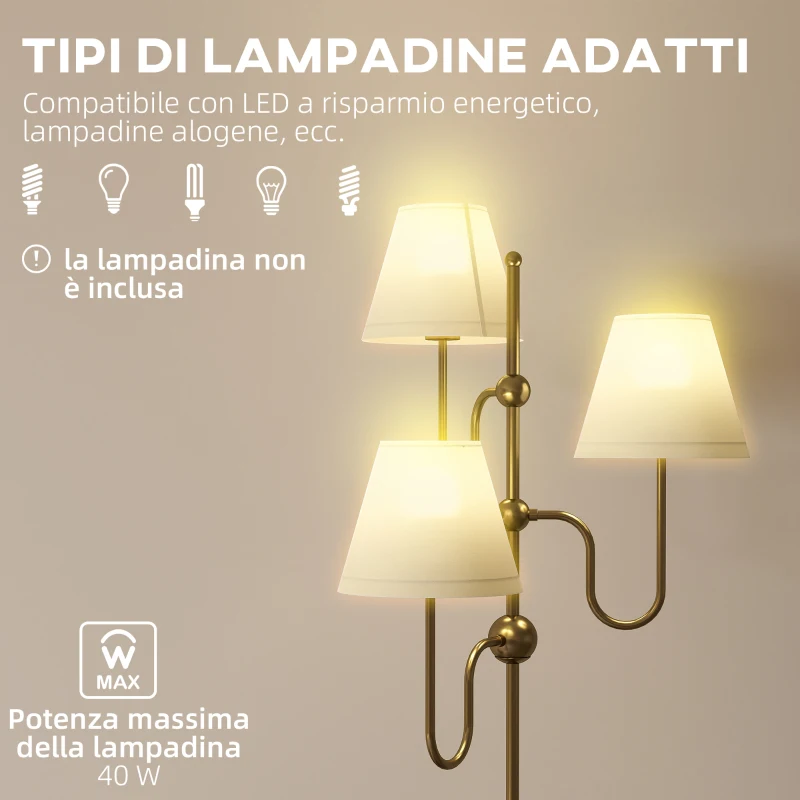HOMCOM Lampada da Terra Alta 165 cm con 3 Punti Luce e Interruttore a Pedale, Attacco E27 Max 40W, Oro
