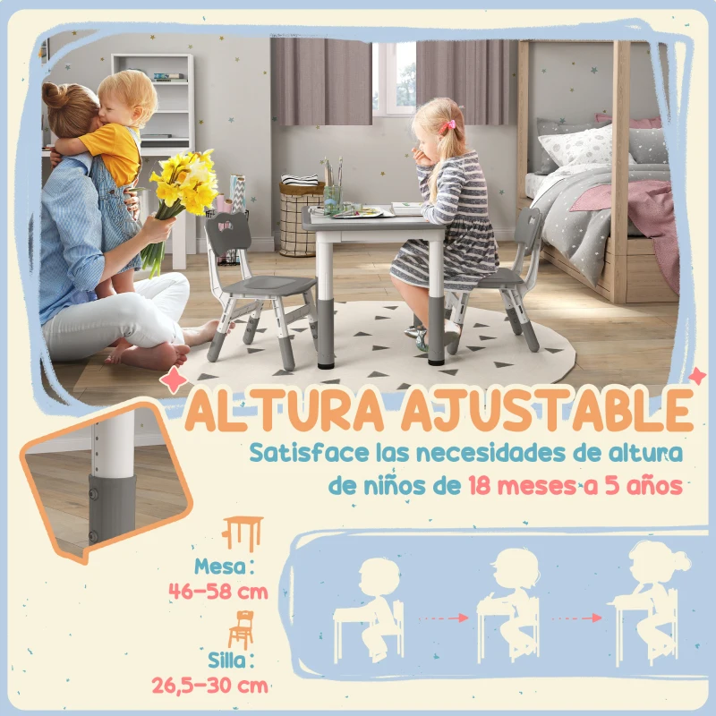 AIYAPLAY Conjunto de Mesa y 2 Sillas Infantiles Ajustables en Altura para Niños de 18 Meses a 5 Años Fácil de Limpiar