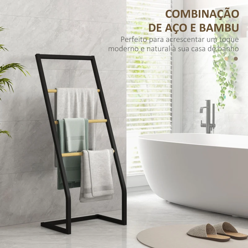 HOMCOM Toalheiro de Pé para Casa de Banho com 4 Barras em Bambu e Aço 40,5x28x98 cm Preto e Madeira